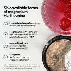Berry-flavored Magnesi-Om powder beside sparkling water.