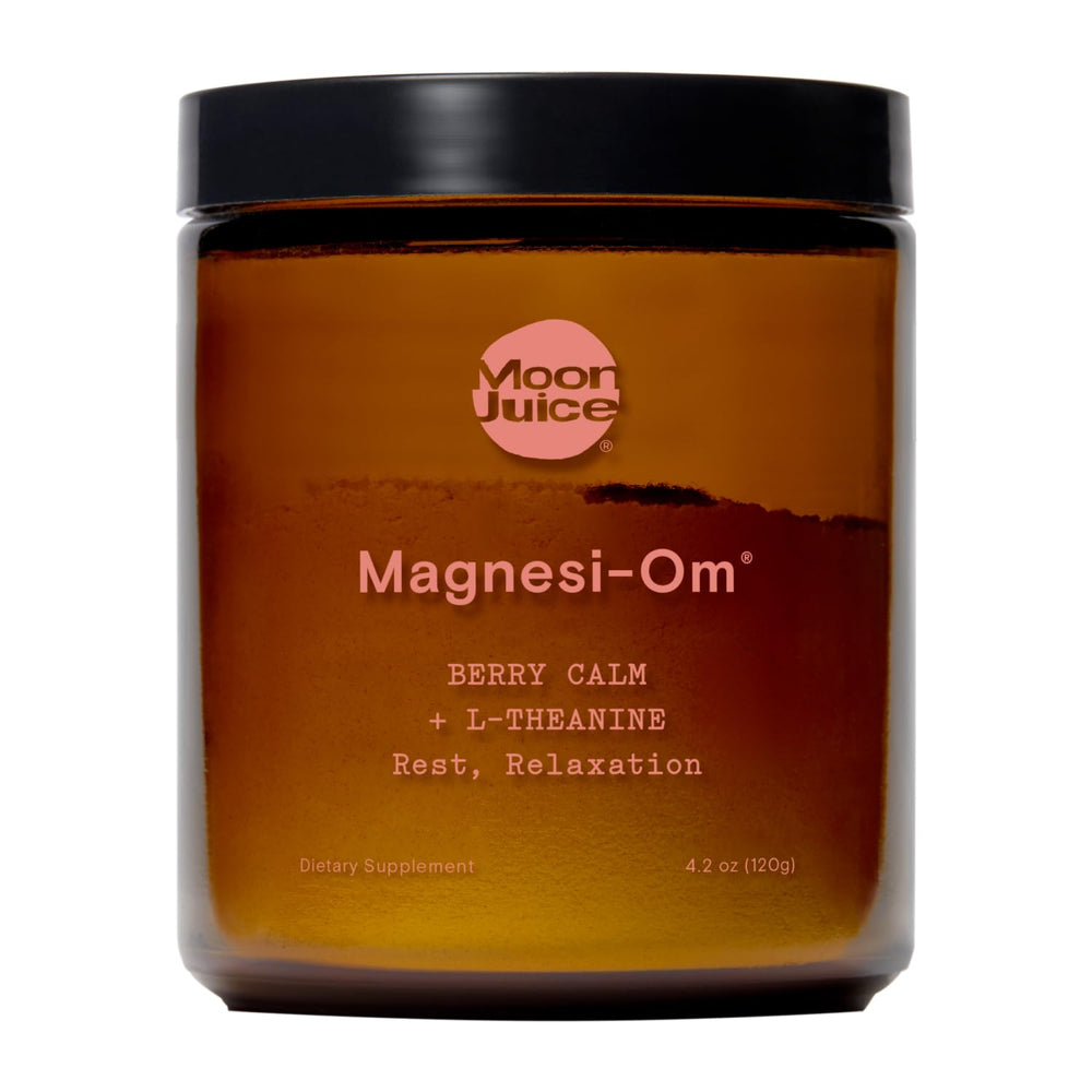 Moon Juice Magnesi-Om bottle label closeup highlighting chelated magnesium for calm.