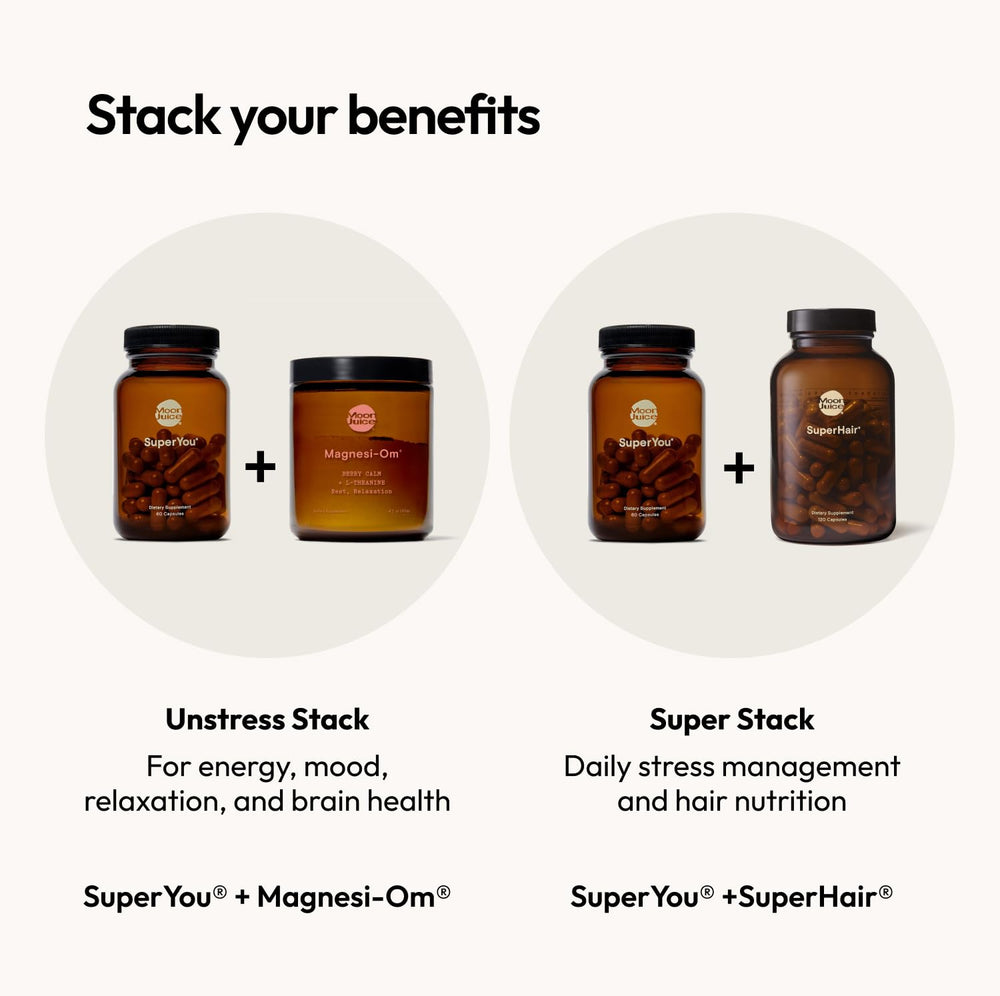 Moon Juice SuperYou adaptogen capsules showcased on clean product setup.