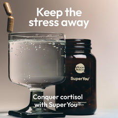 Moon Juice SuperYou bottle label highlighting Ashwagandha and Rhodiola ingredients.