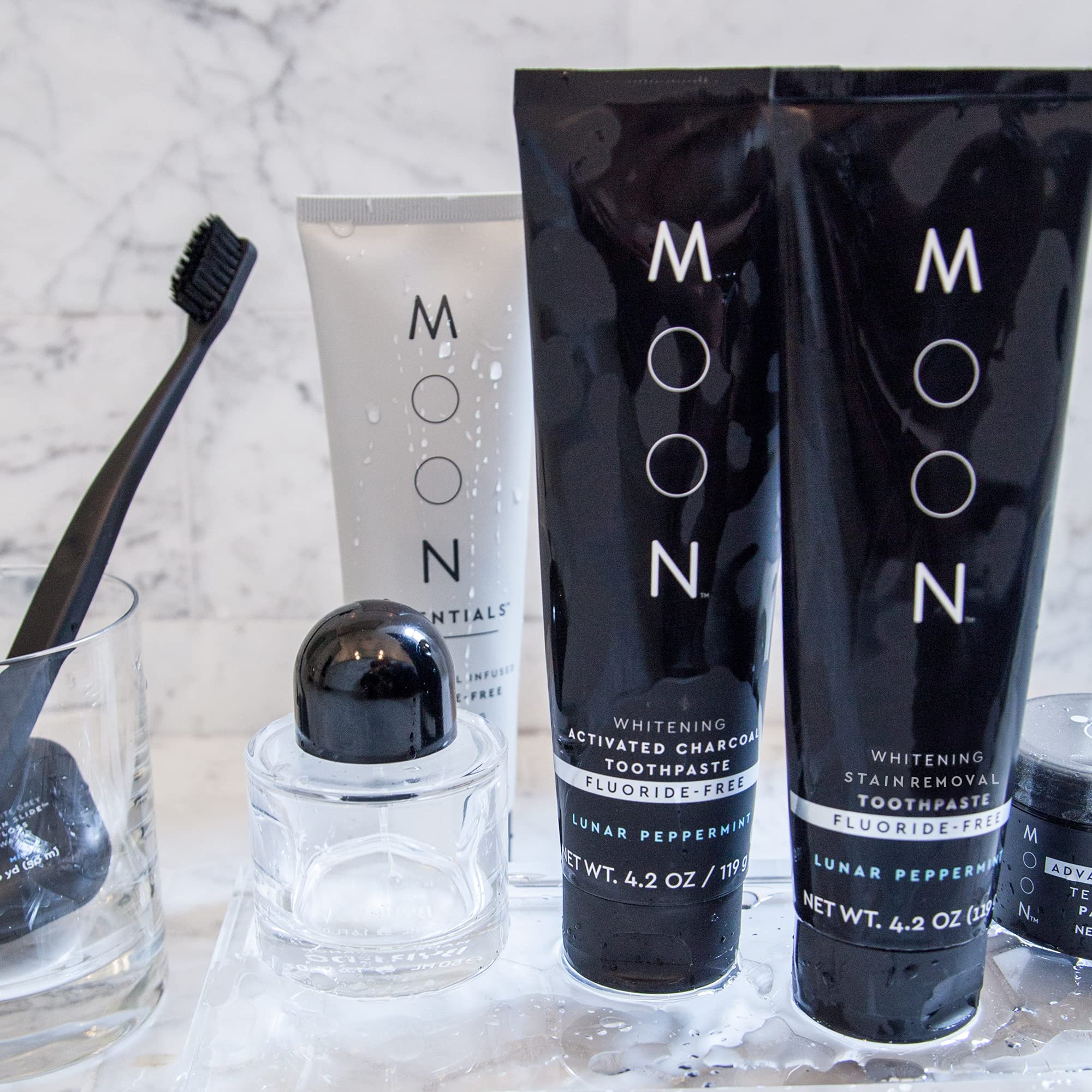 MOON peppermint freshness after brushing in a clean bathroom