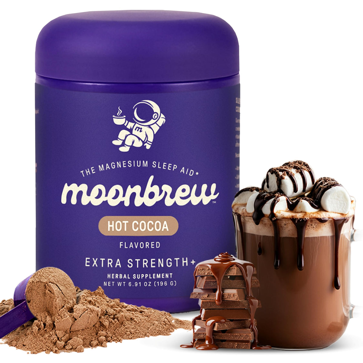 MoonBrew Nighttime Magnesium Hot Cocoa jar showing rich, relaxing ritual