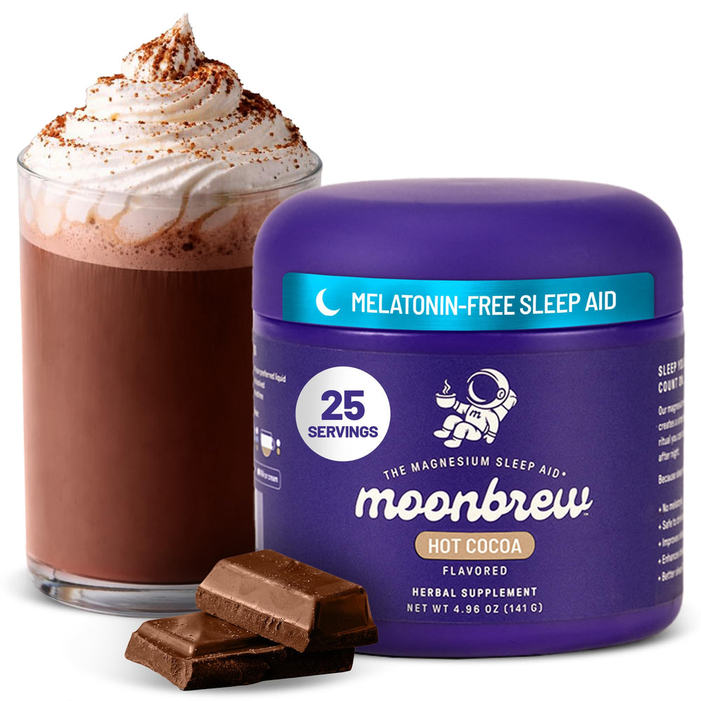 MoonBrew Nighttime Magnesium Hot Cocoa Jar on shelf, promoting a soothing evening ritual.