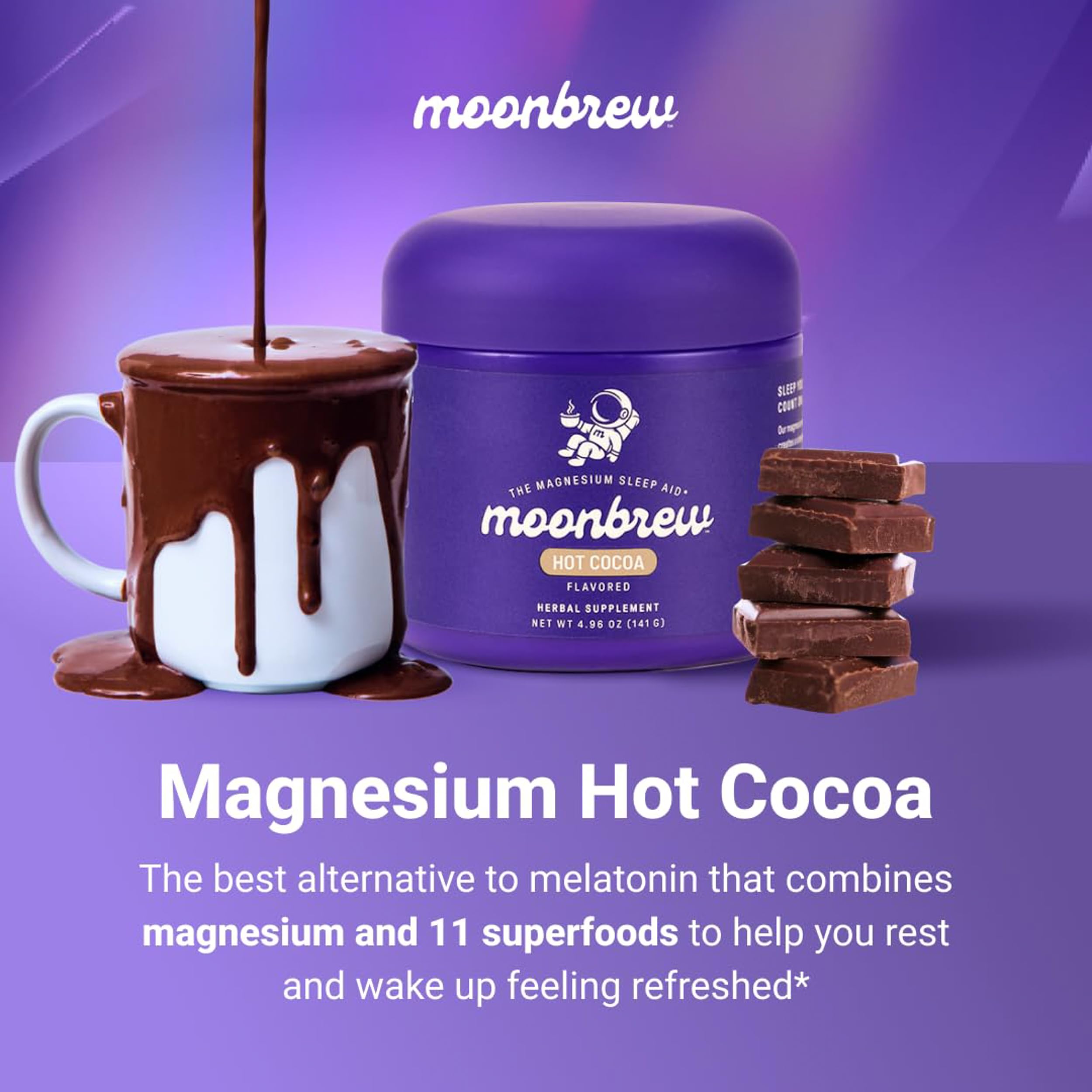 MoonBrew scoop dispensing powder into milk, showcasing quick nighttime preparation.