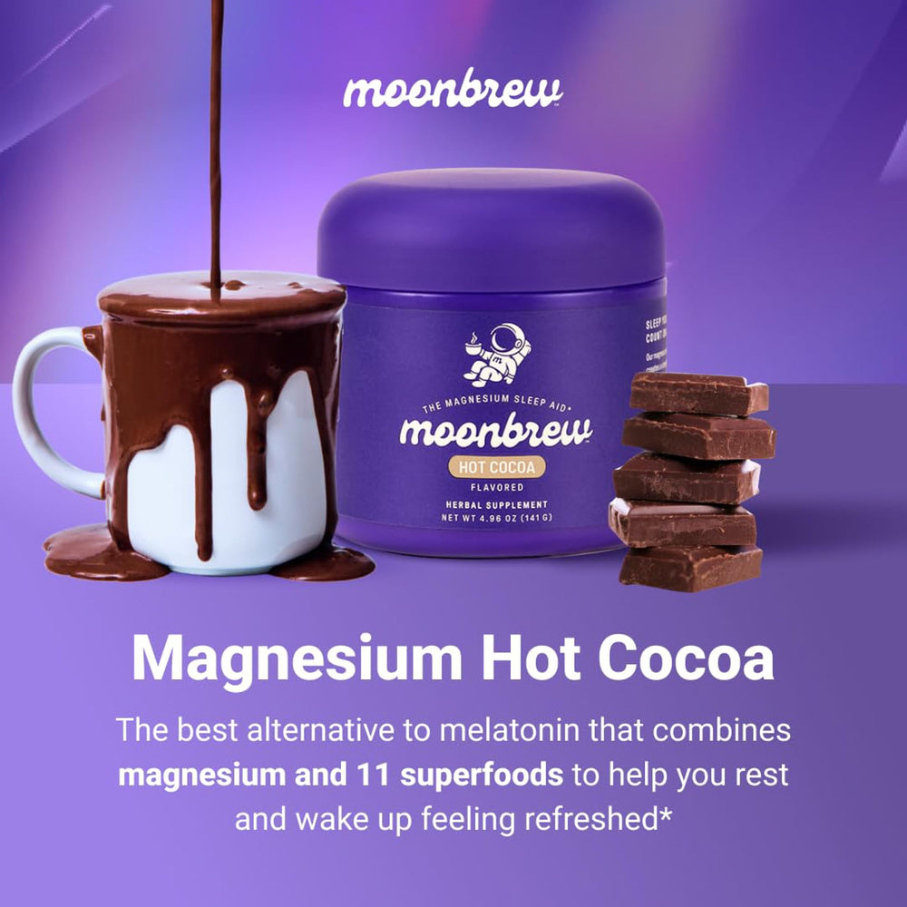 MoonBrew scoop dispensing powder into milk, showcasing quick nighttime preparation.