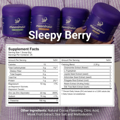 MoonBrew Sleepy Berry scoop beside the jar measures a calming bedtime dose.
