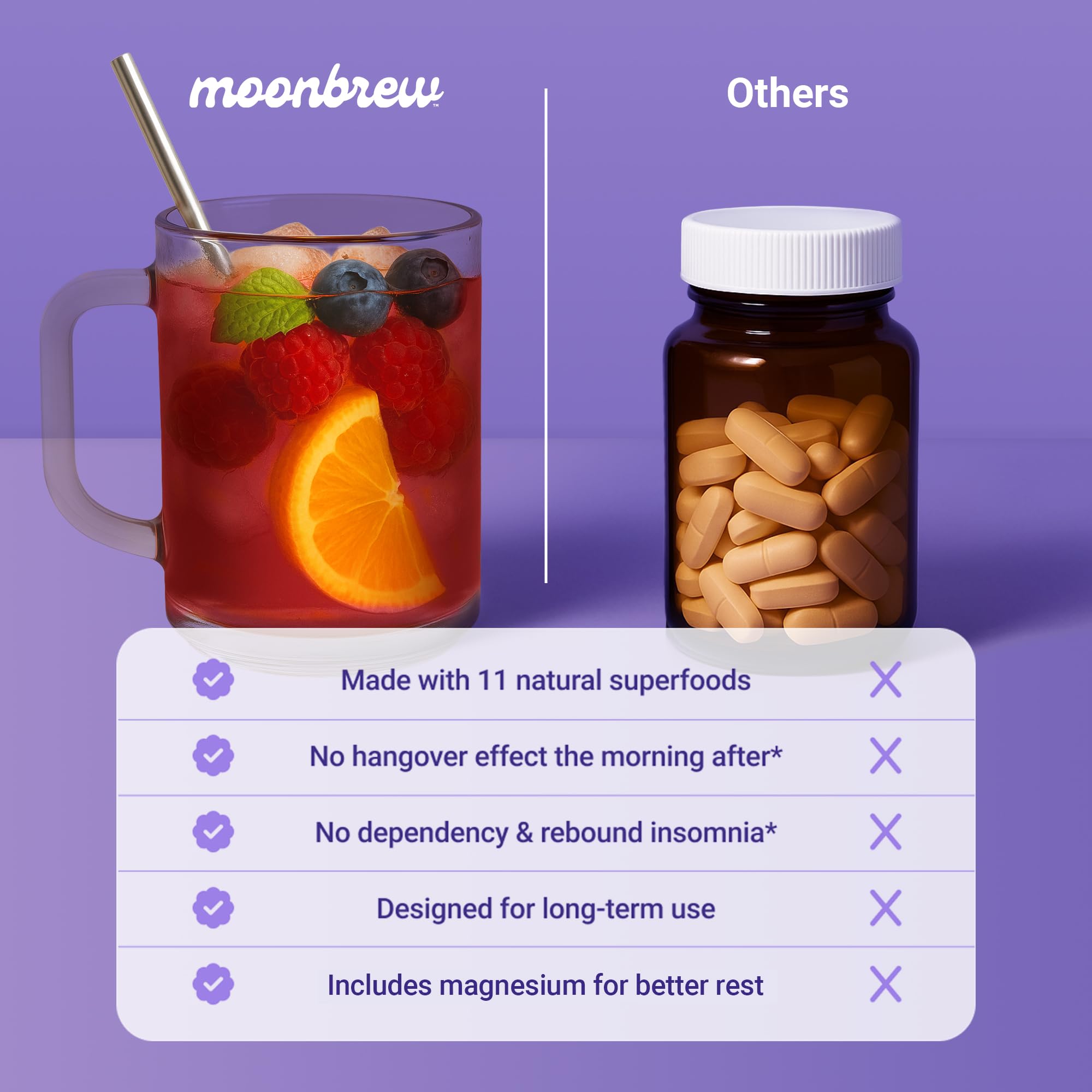 MoonBrew smoothie in a glass ready to sip as part of nightly routine.