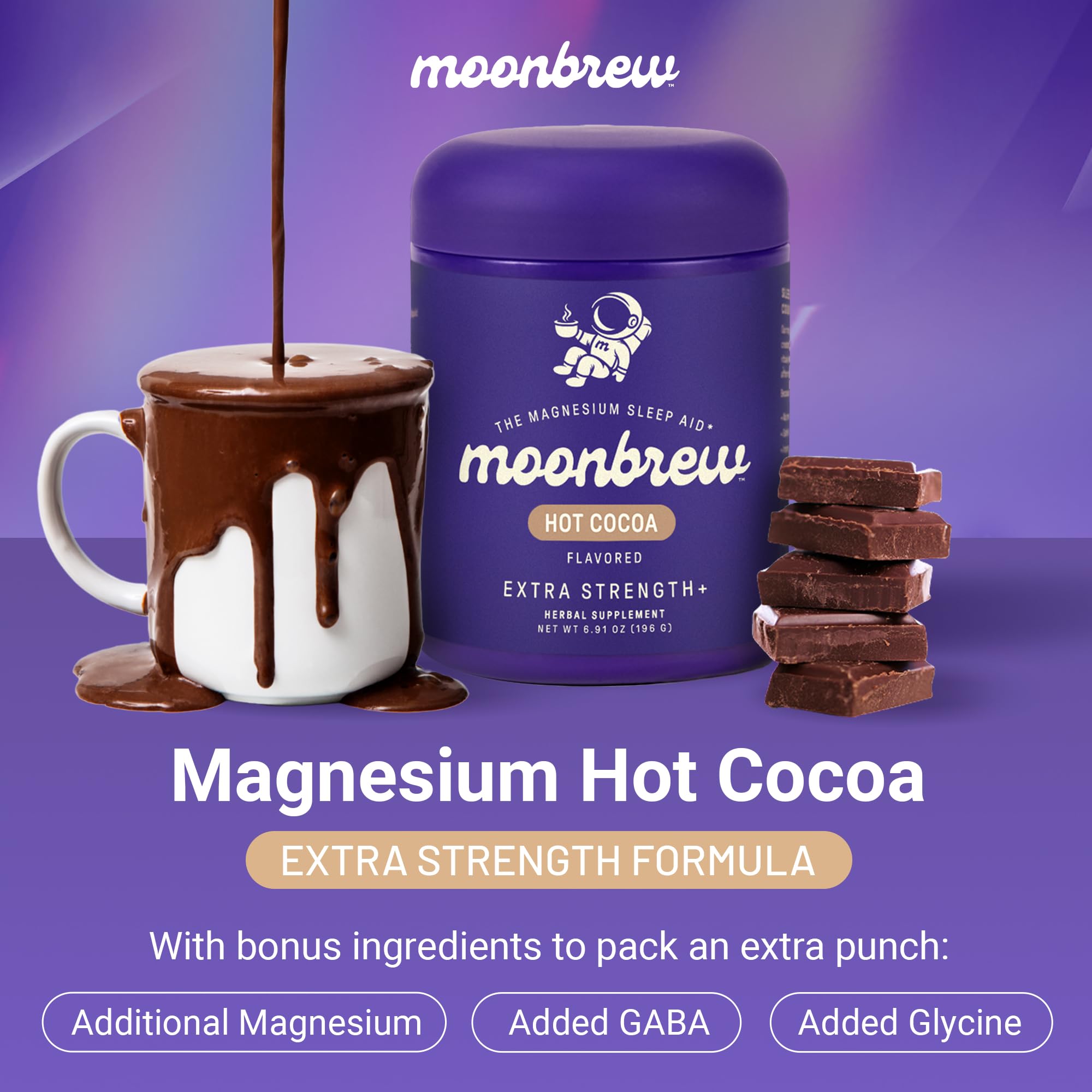Steaming MoonBrew cocoa in a cozy mug for a calm evening