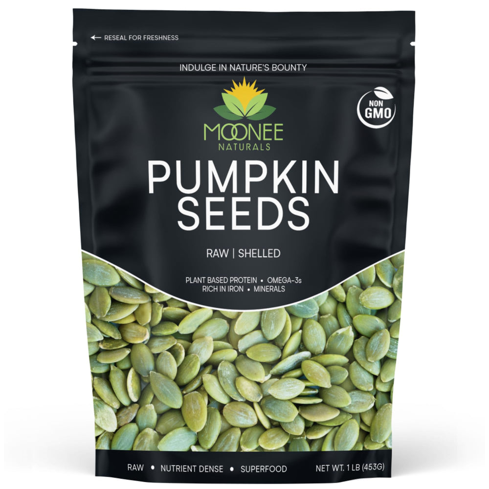 Moonee Naturals pumpkin seeds in a 1 lb bag, ready to snack