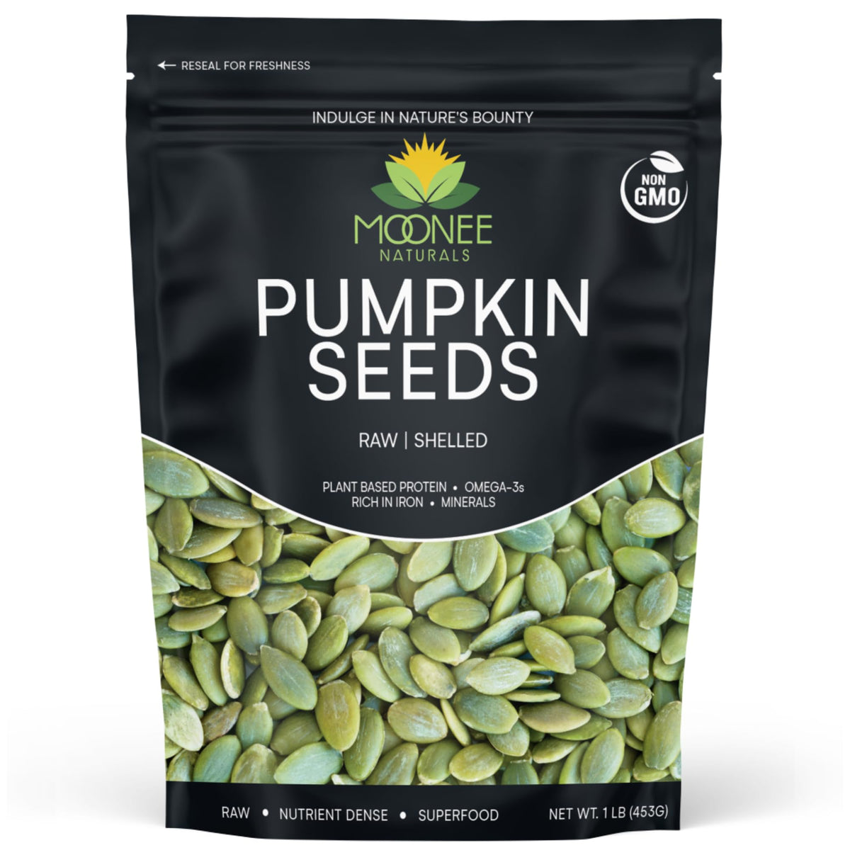 Moonee Naturals pumpkin seeds in a 1 lb bag, ready to snack