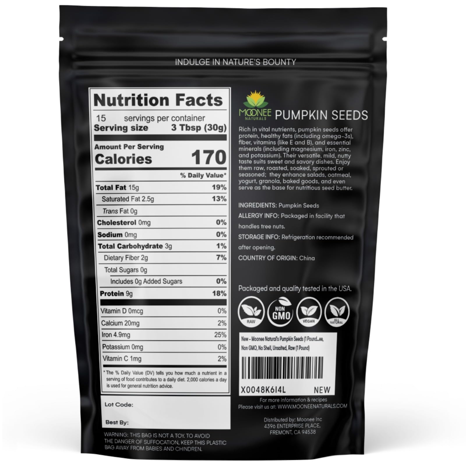 Moonee Naturals raw pumpkin seeds closeup, unsalted for roasting