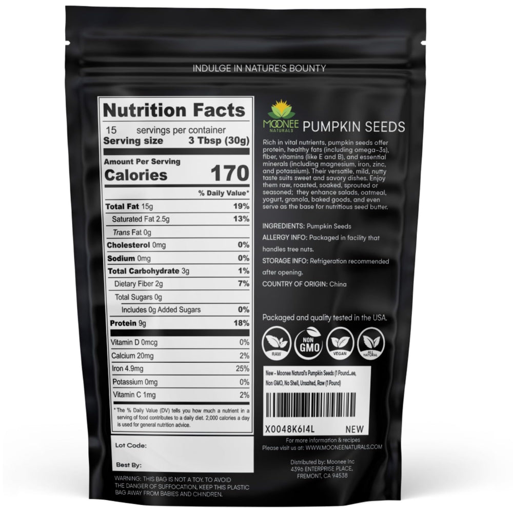 Moonee Naturals raw pumpkin seeds closeup, unsalted for roasting