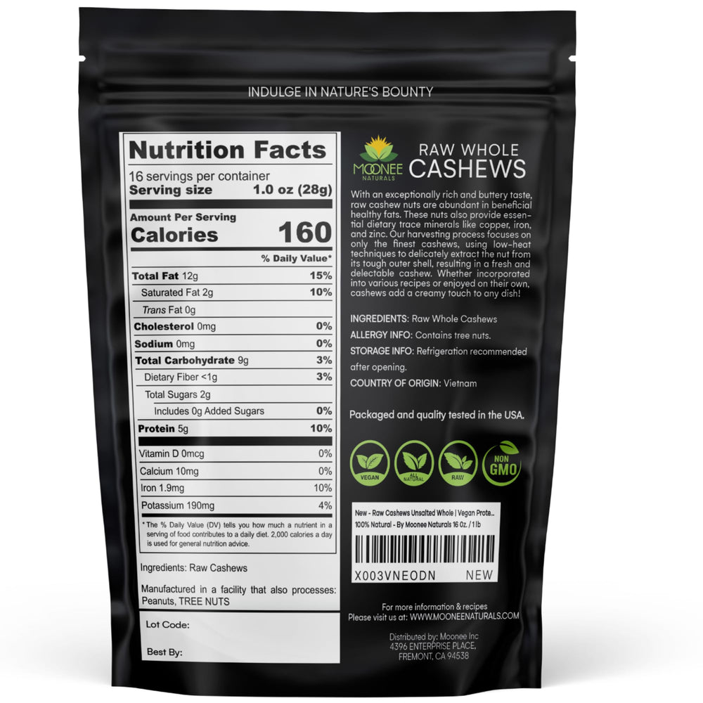 Moonee Naturals unsalted cashews bag showcases premium, versatile nuts for keto and paleo dishes.