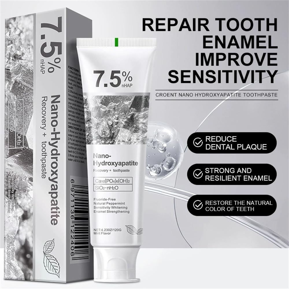 MOONGAZE toothpaste with ingredient graphic suggests nano hydroxyapatite action for enamel defense.