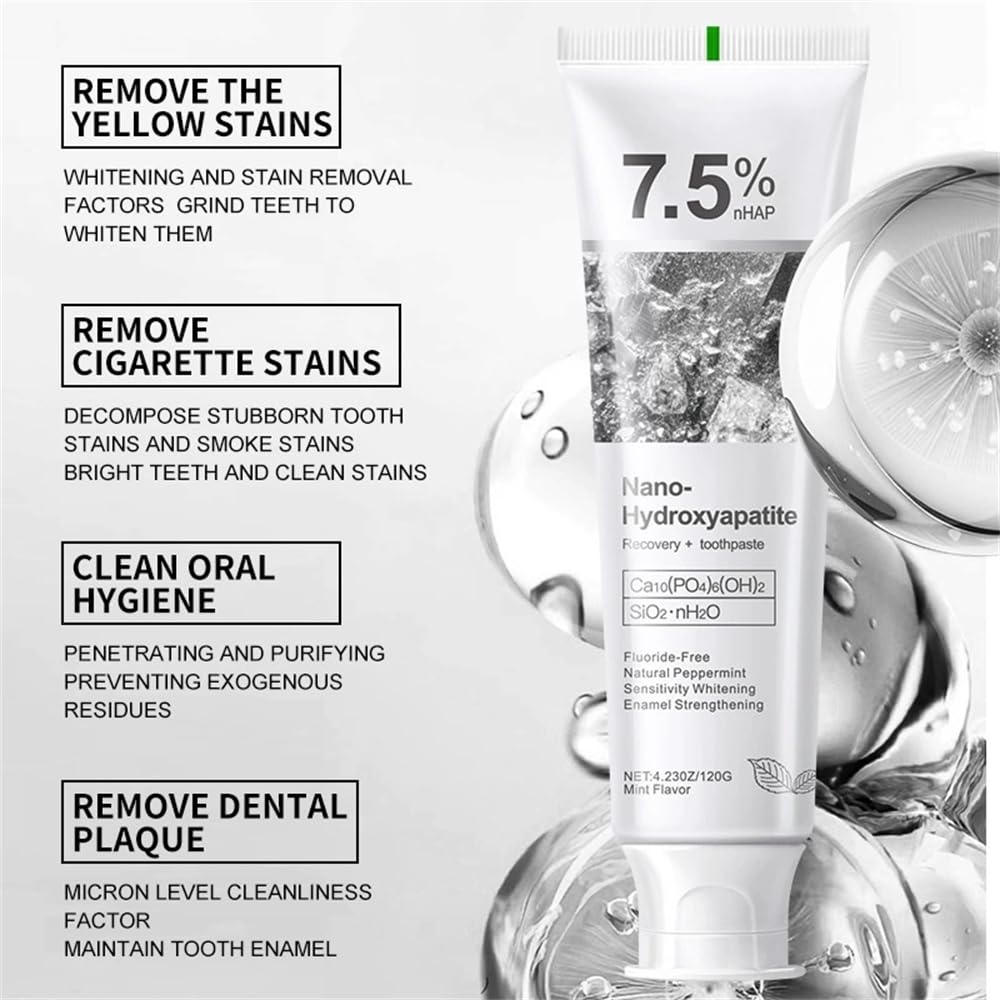 MOONGAZE toothpaste tube close-up with 7.5% nano particles for enamel care.