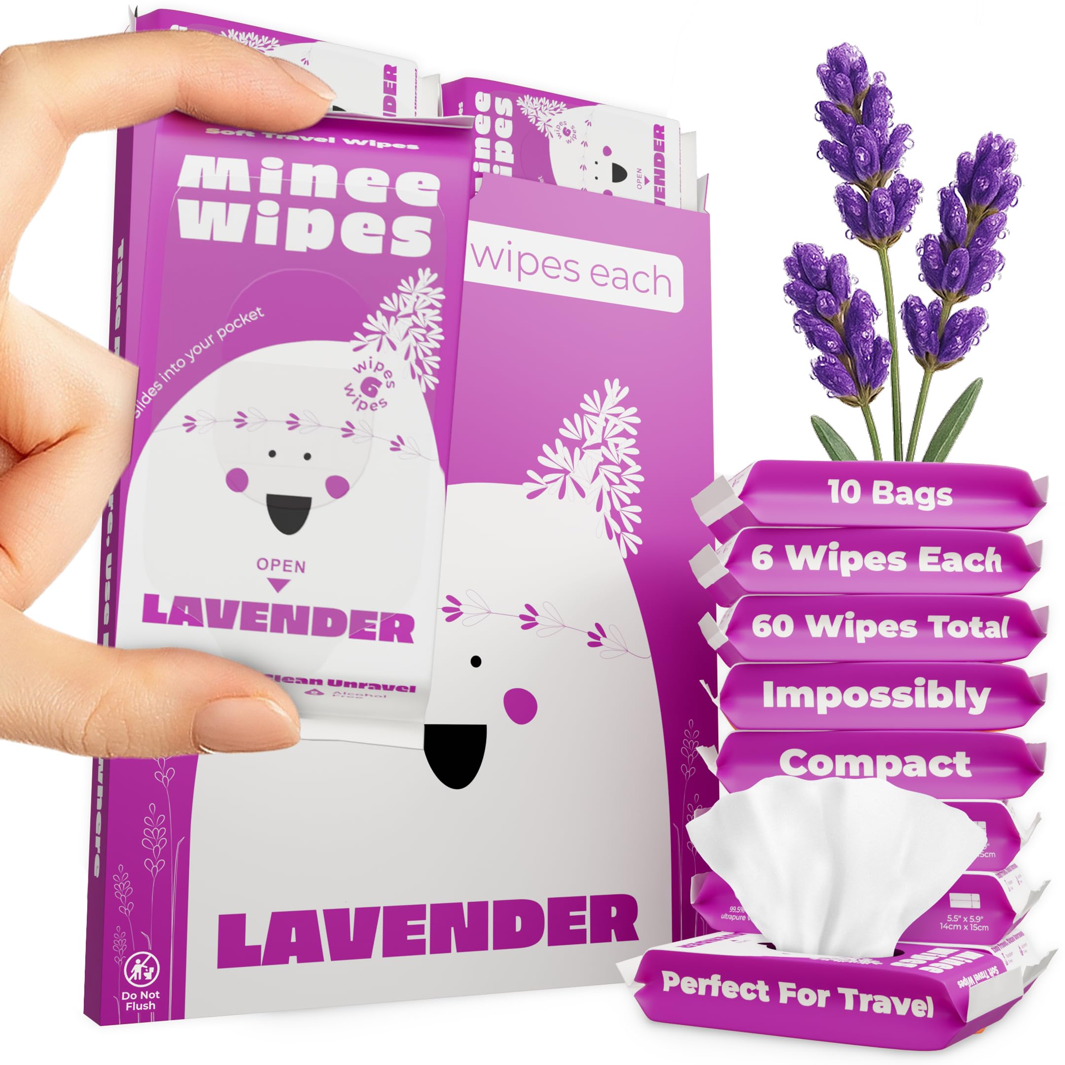 MOONIES pocket-sized lavender travel wipes for on-the-go freshness.