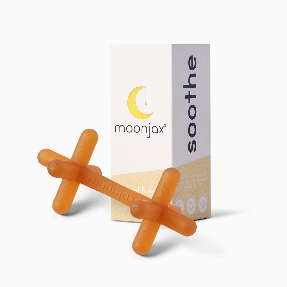 Moonjax silicone teether close-up highlighting safe, odorless material for delicate gums.