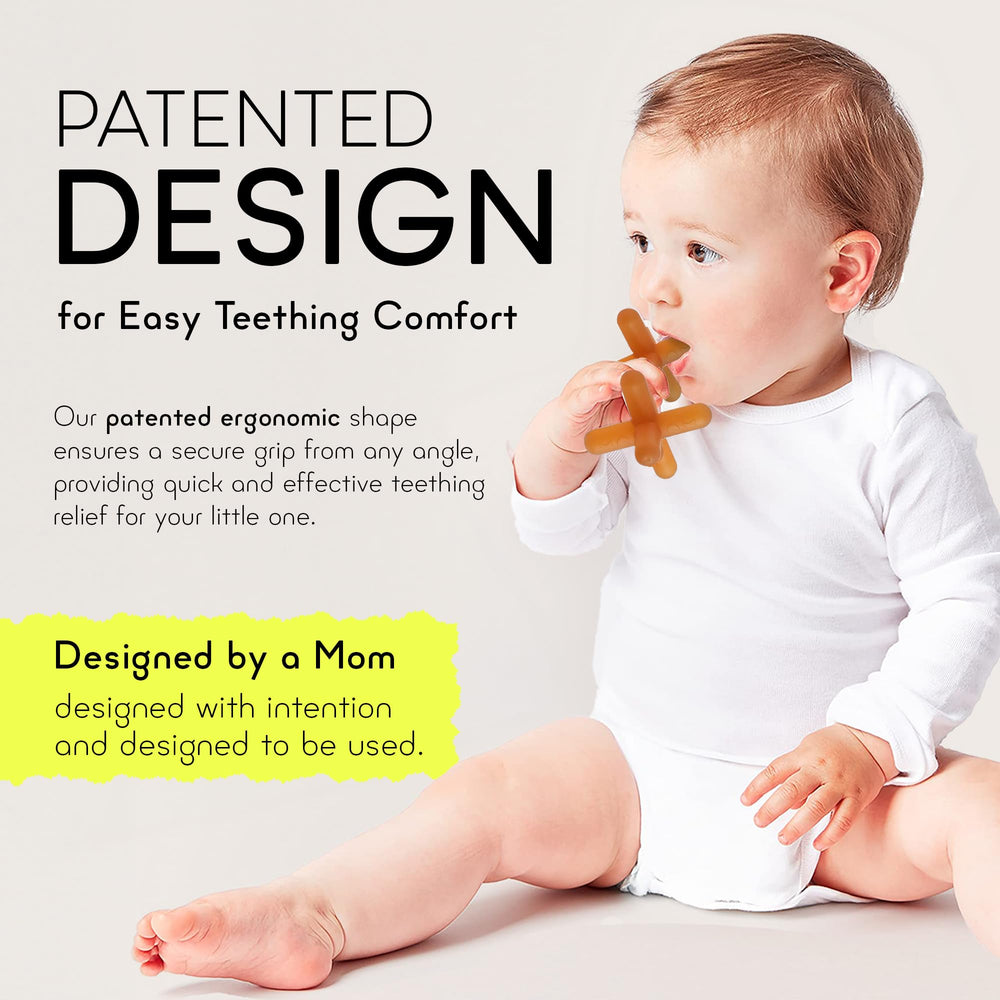 Moonjax silicone teether used by newborns, emphasizing non-toxic composition.