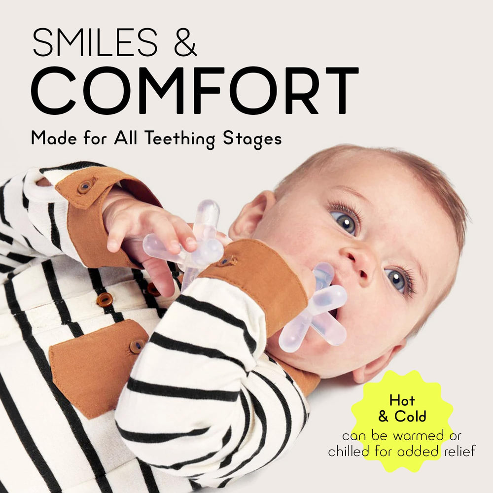 Moonjax teether shown in a brief freezer-safe cooling scenario.