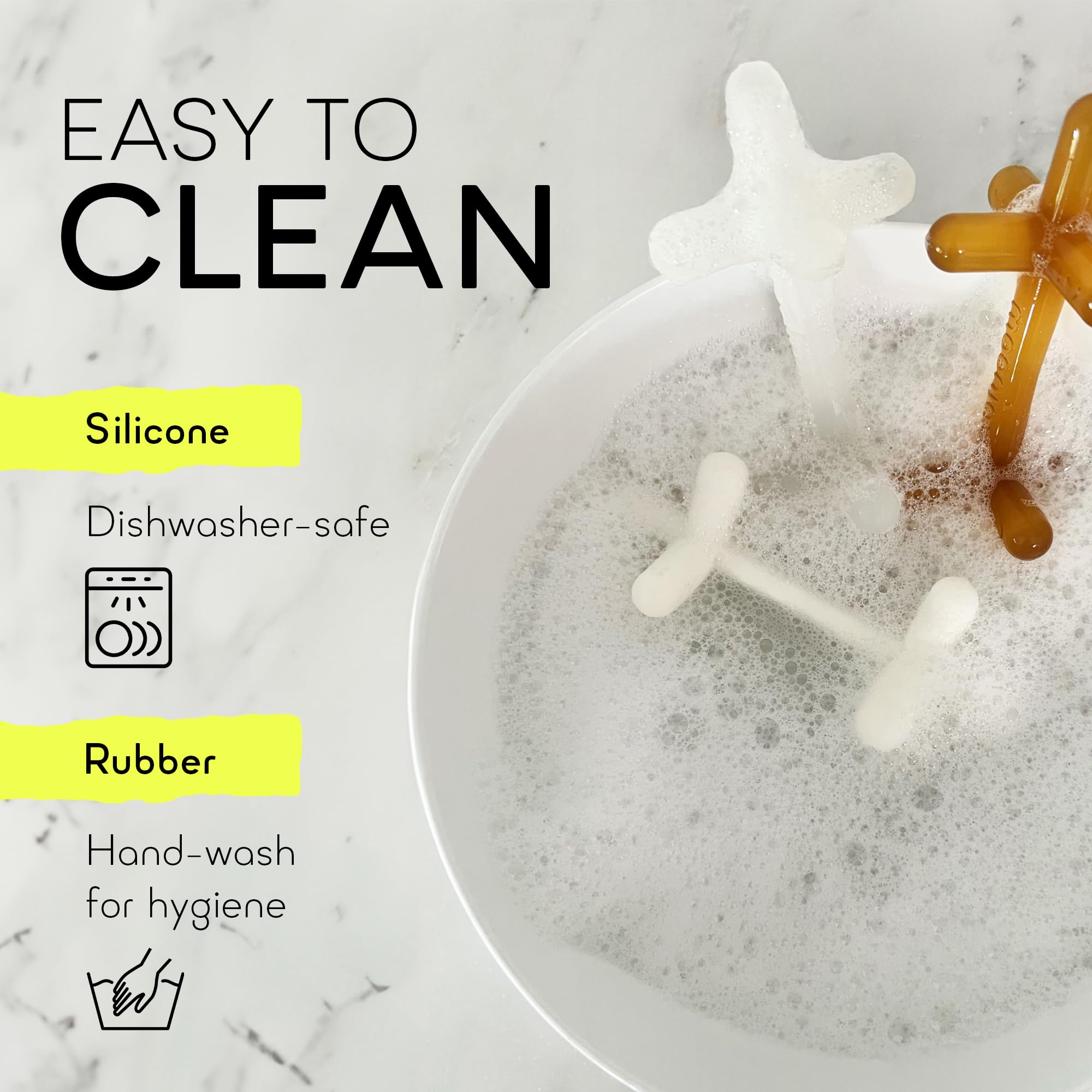 Moonjax teether being washed under running water for easy cleaning.