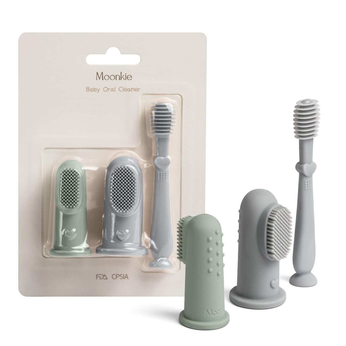 Moonkie baby finger toothbrush in blue with soft silicone bristles for gentle cleaning.