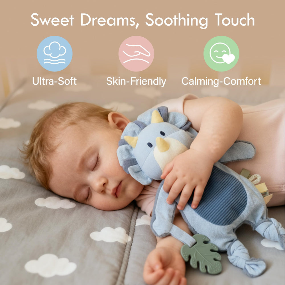 Moonkie leaf silicone teether attached to the lovey offers safe gum relief