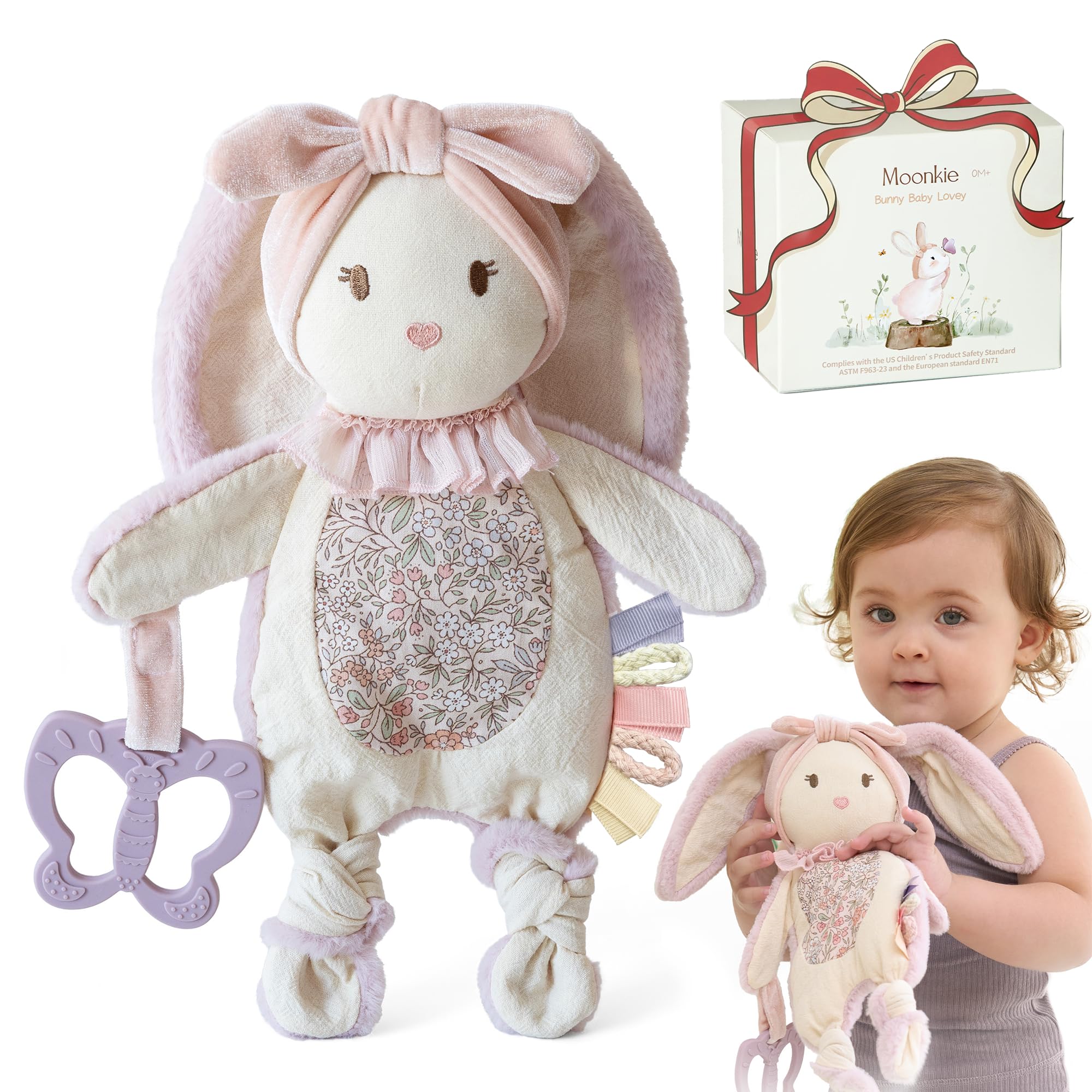Moonkie baby lovey with silicone teether calms little gums during on-the-go soothing.