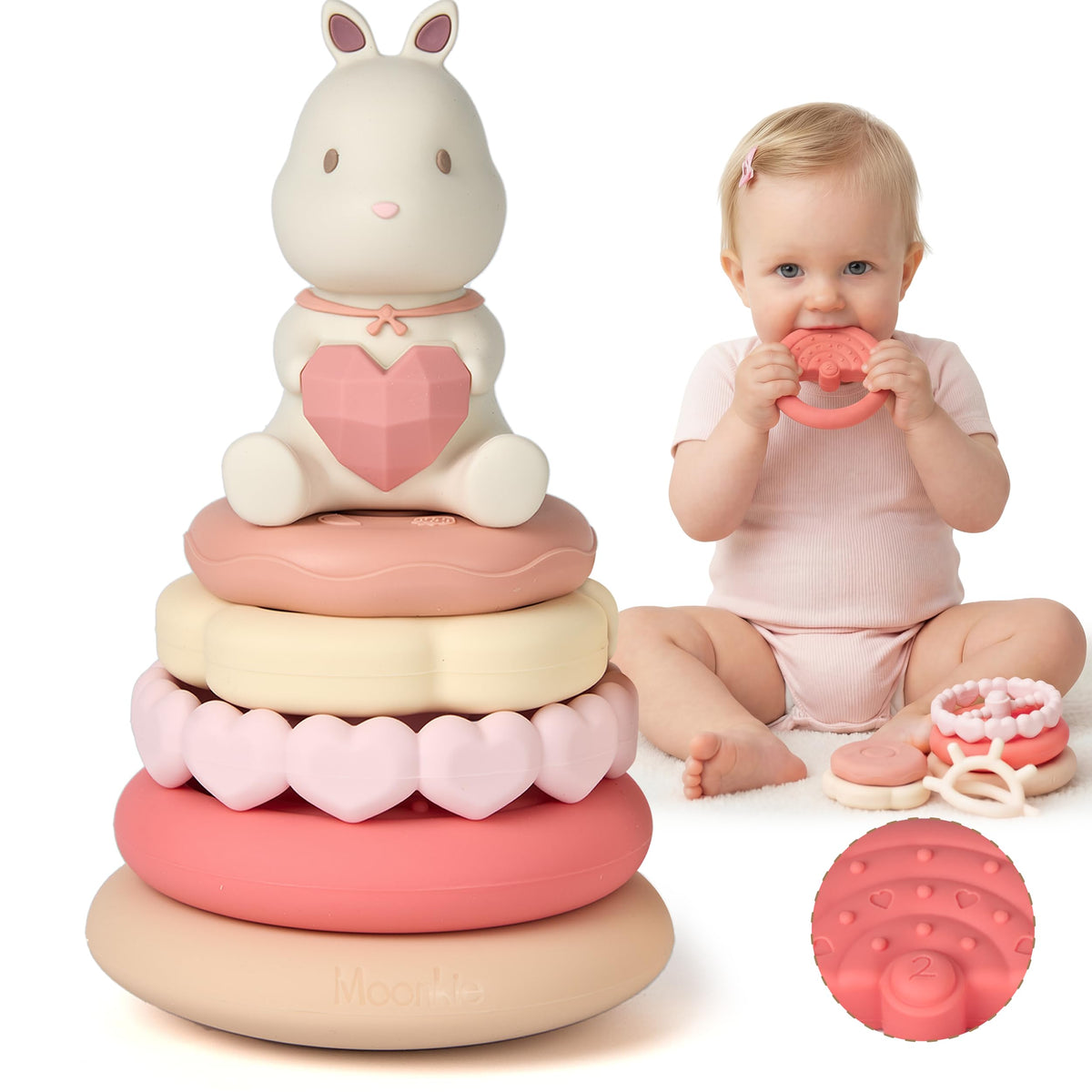 Moonkie Bunny Stack with dino crown teether supports gentle teething and sensory play.