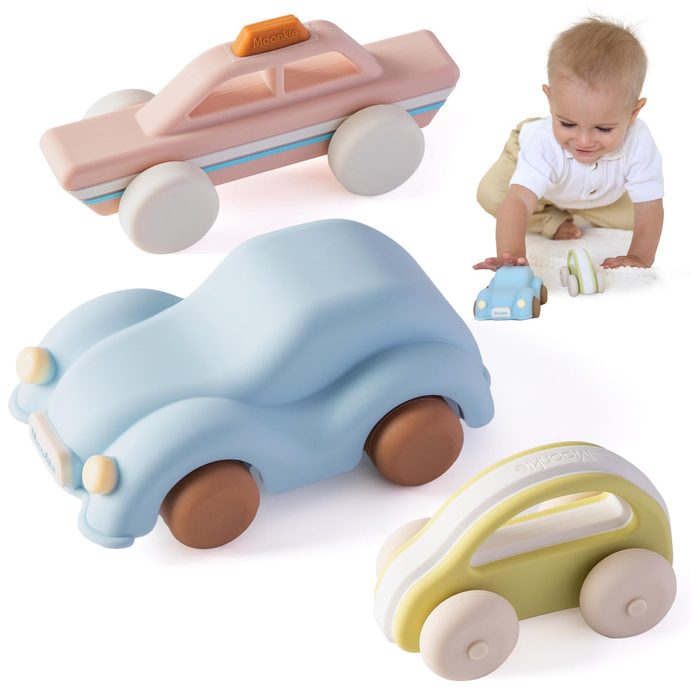 Moonkie classic car toy with soft silicone, ideal for teething and rolling play.