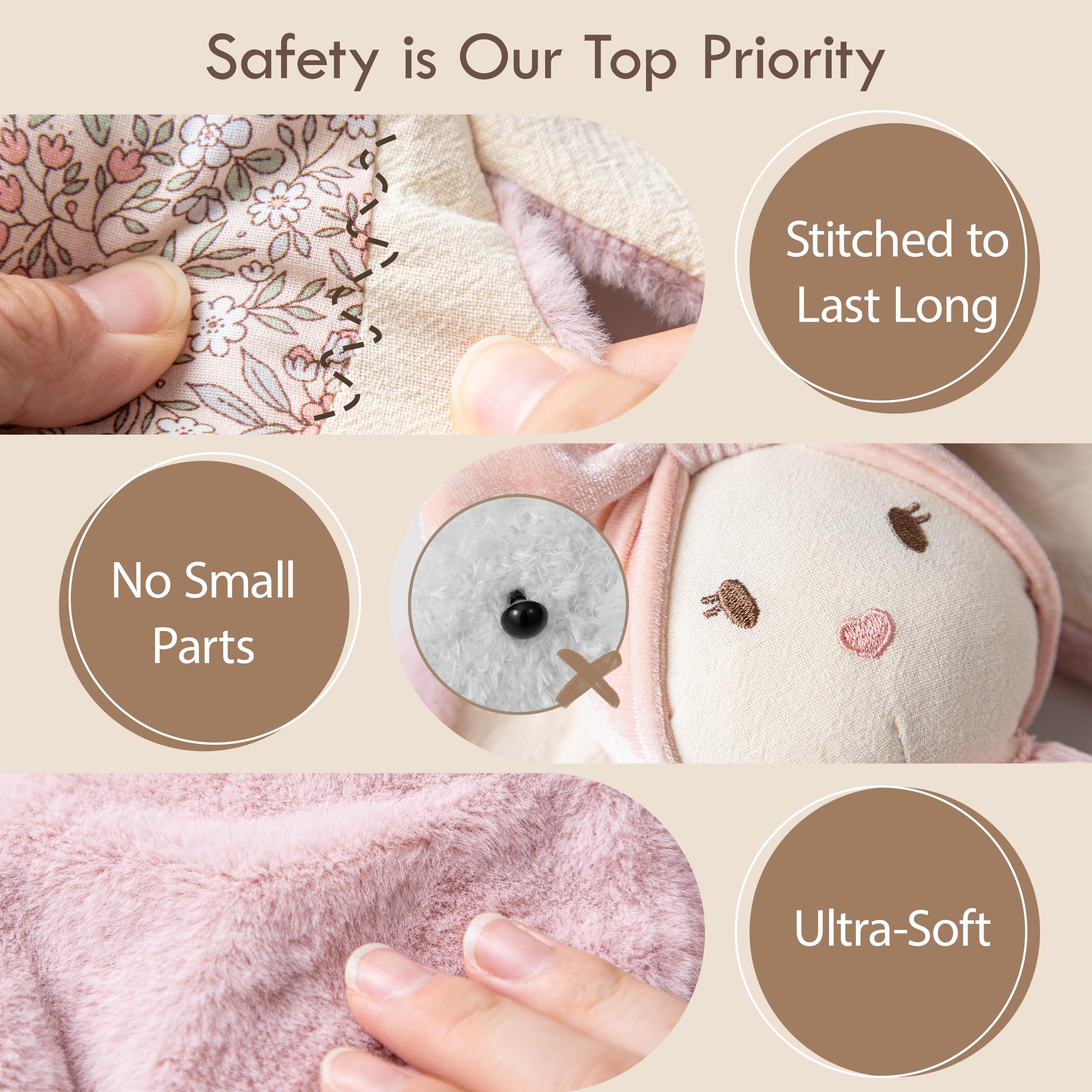 Moonkie embroidered eyes and reinforced stitching ensure safe cuddly design.