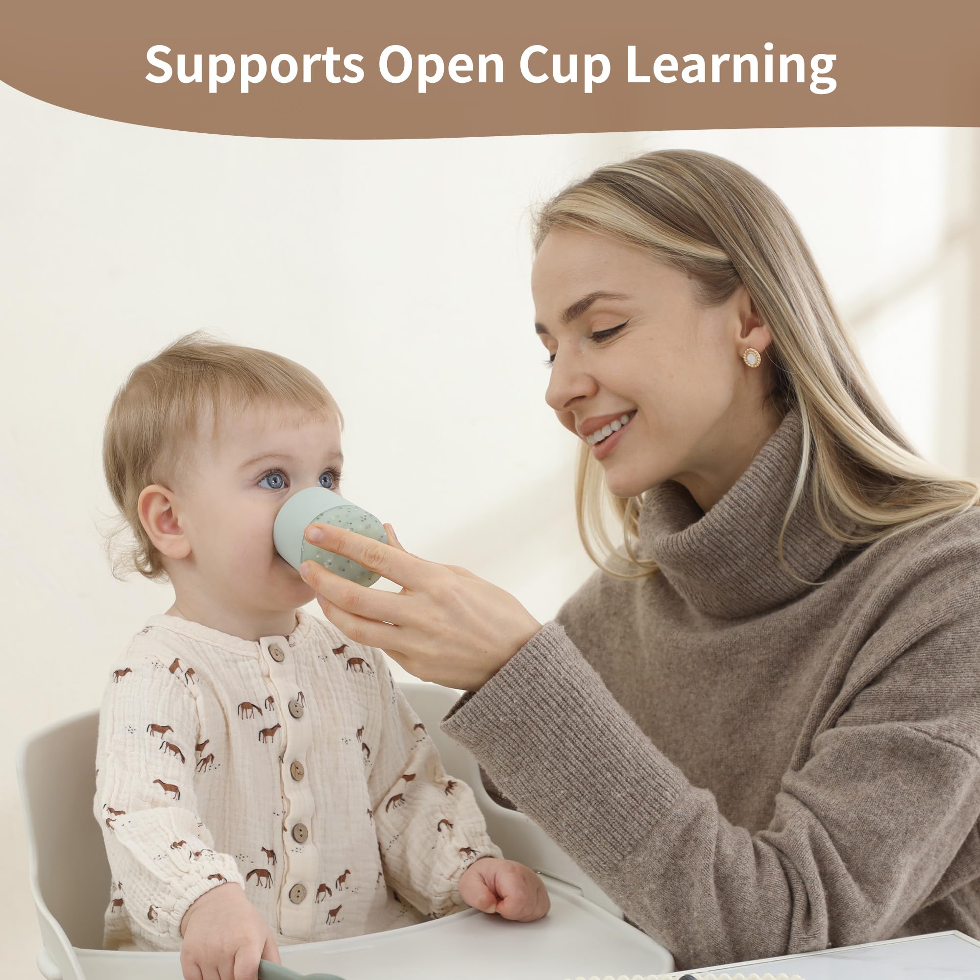 Moonkie Open cup for independent drinking aids early oral coordination.