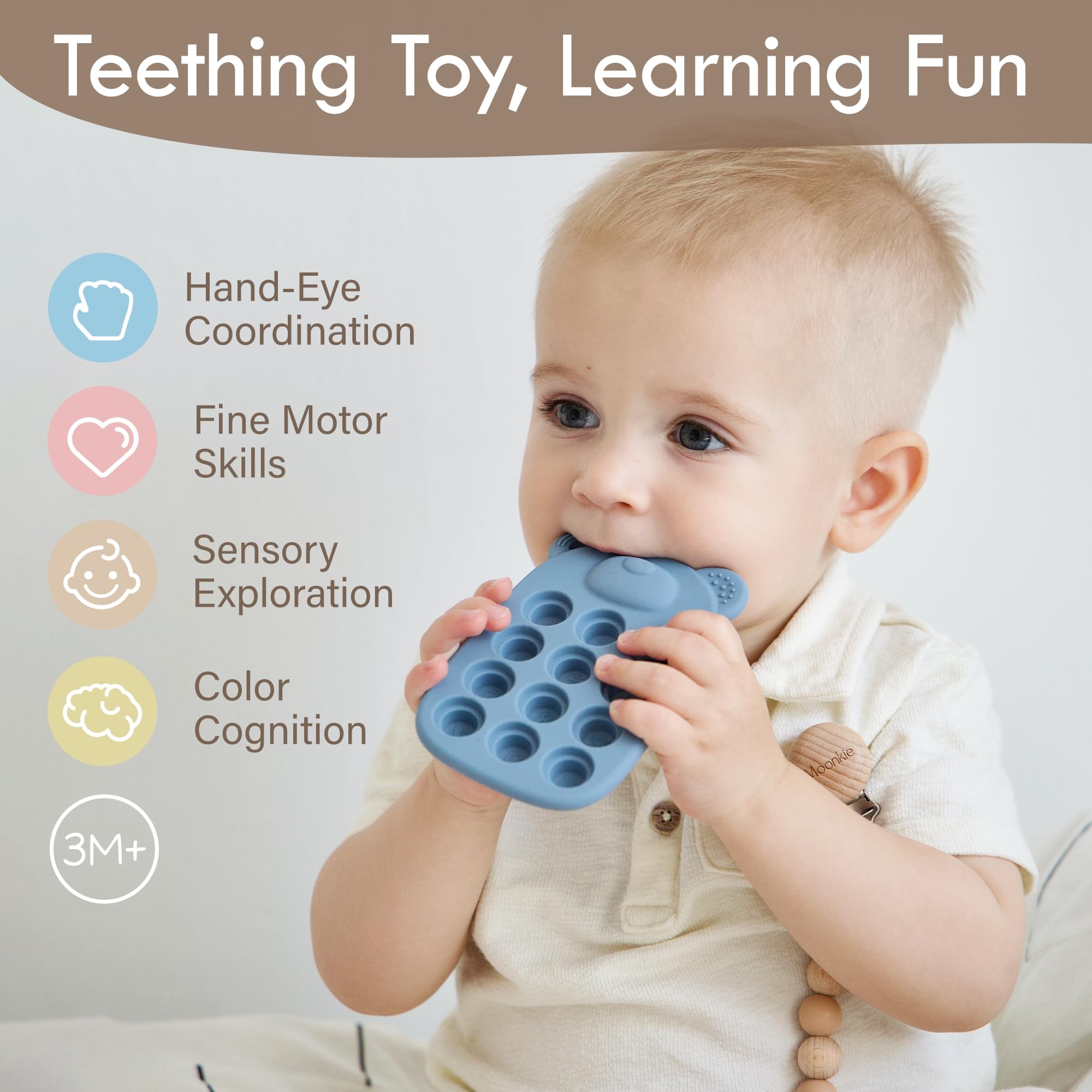 Moonkie teether back buttons support early counting play