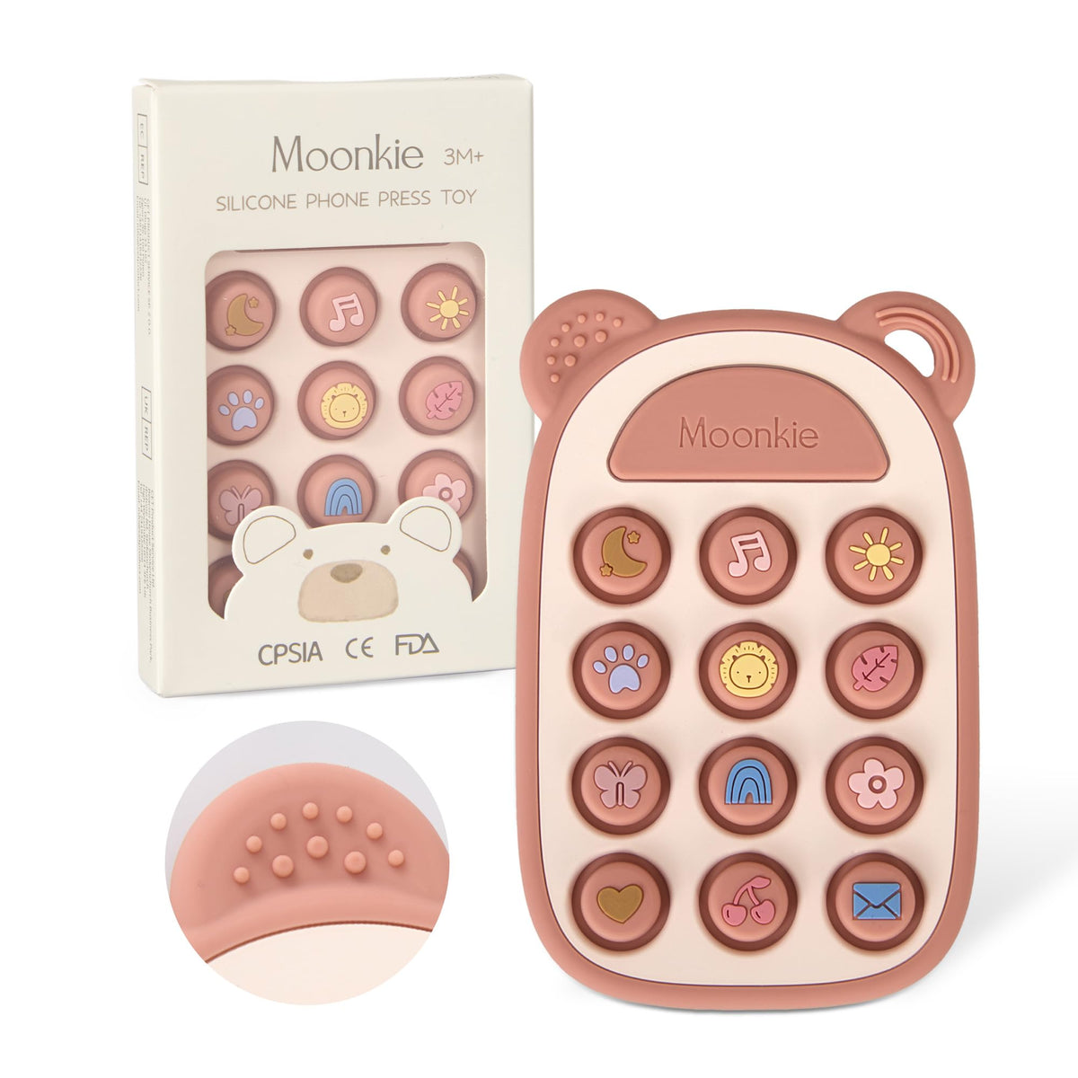 Moonkie silicone press phone teether; realistic toy feel during teething