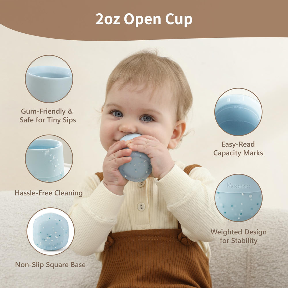 Moonkie soft silicone spout close-up demonstrates gentle sip for delicate gums.