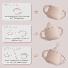 Moonkie soft silicone spout provides gentle sipping during teething.