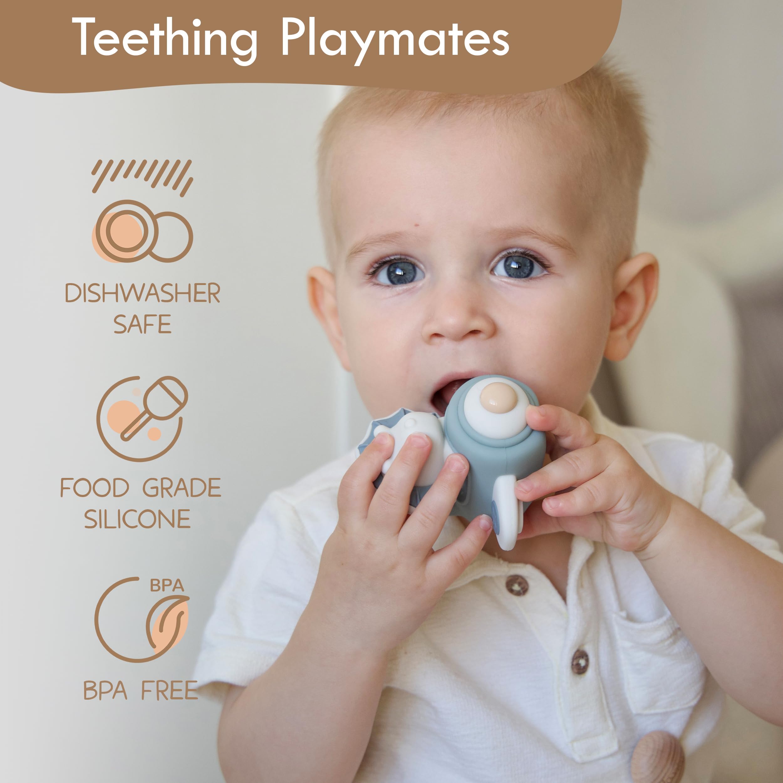 Moonkie soft-silicone rings provide easy grasping for teething and early hand coordination.
