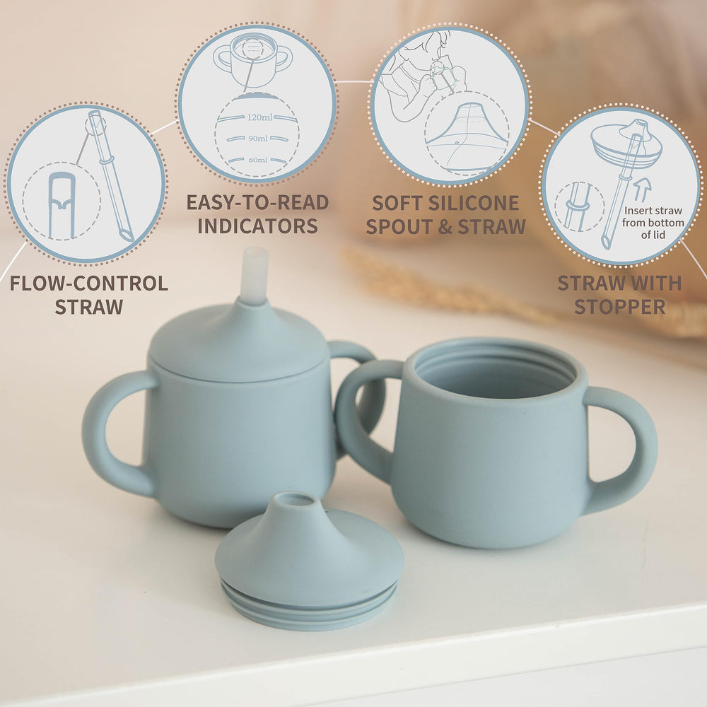Moonkie three in one design converts from sippy to straw to open cup