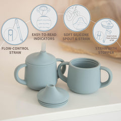 Moonkie three in one design converts from sippy to straw to open cup