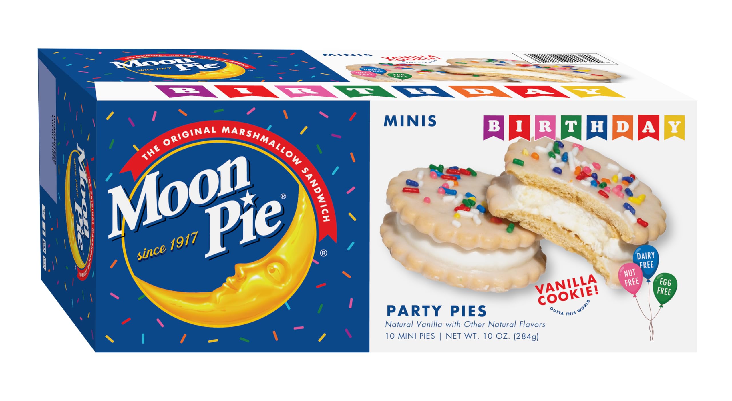MoonPie Birthday Mini Pies boxed with vanilla cookies for parties