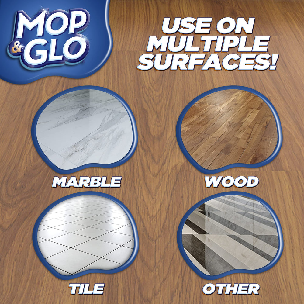 Mop & Glo cleaning floor in action on a tile surface.