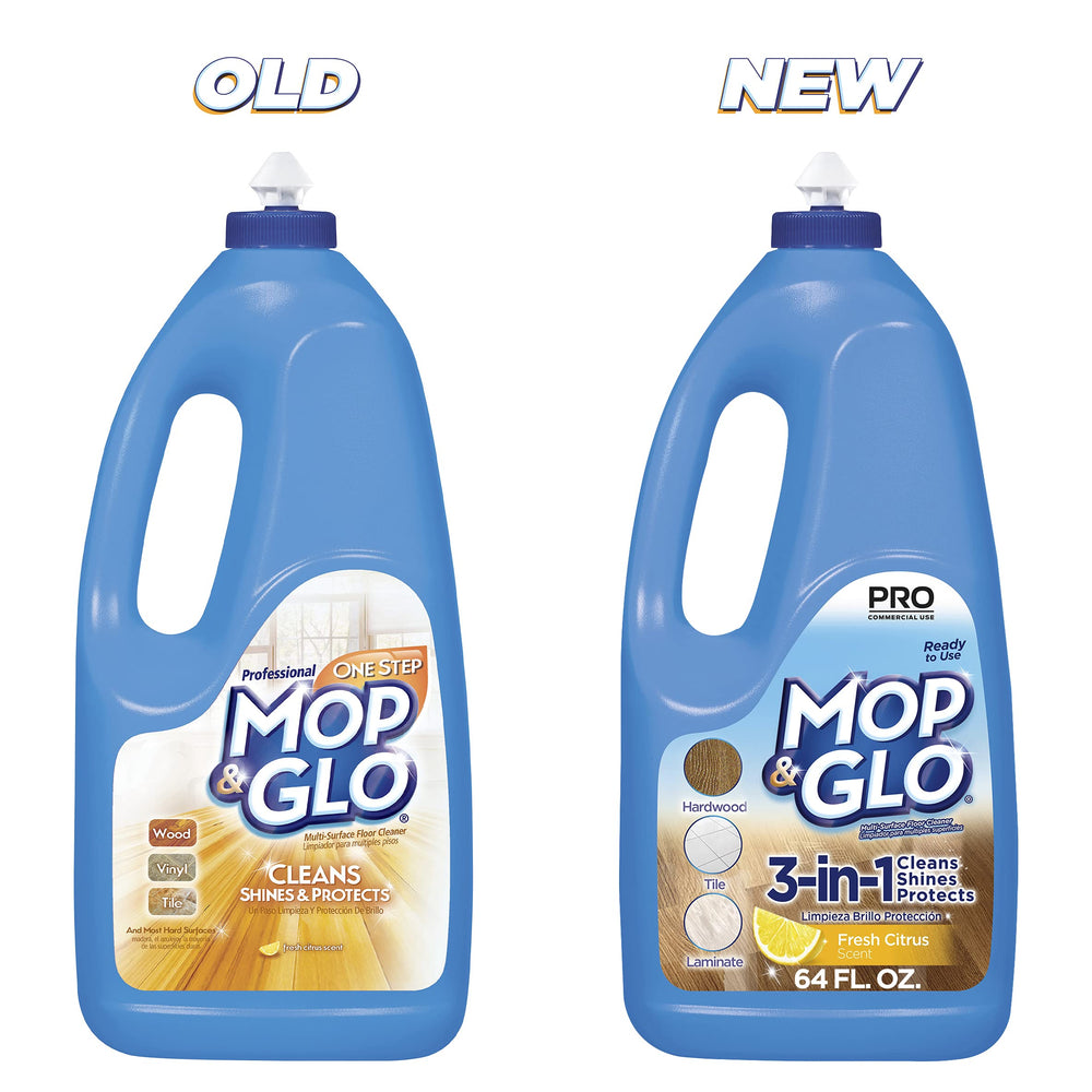 Mop & Glo compatibility graphic for wood, tile, and vinyl.