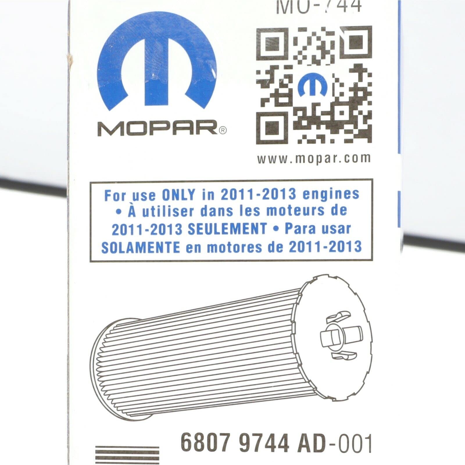 MOPAR oil filter assembly close-up with seals and threading visible.