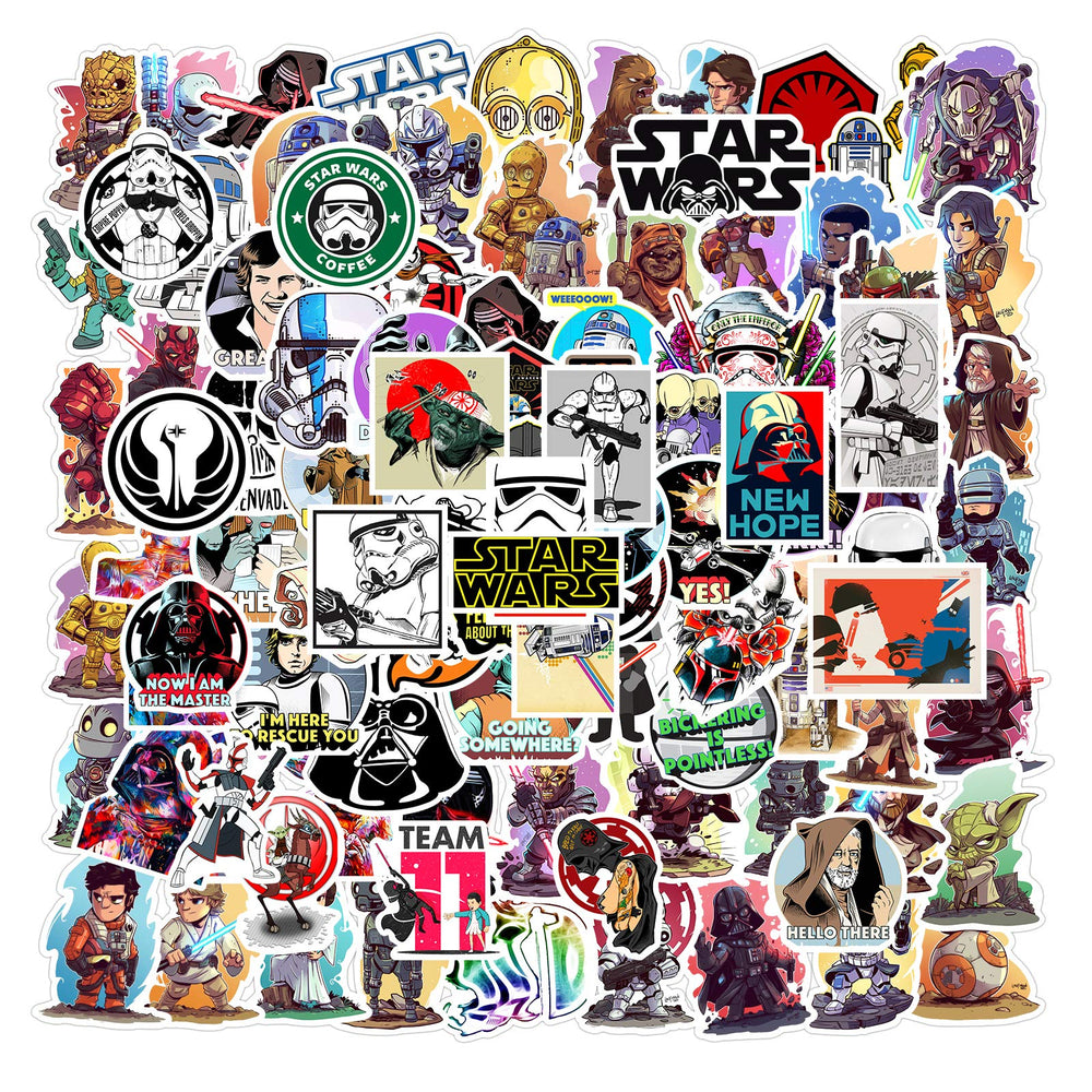 MOQIAN Star Wars stickers for luggage, bright designs for travel gear.