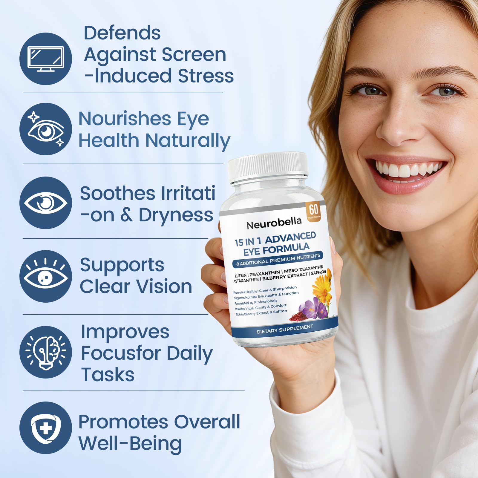 MORANDEE Neurobella 15-in-1 packaging emphasizing comprehensive eye nutrition options