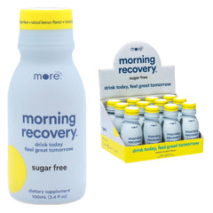 More Labs Morning Recovery bottle front view showing lemon flavor and portable format