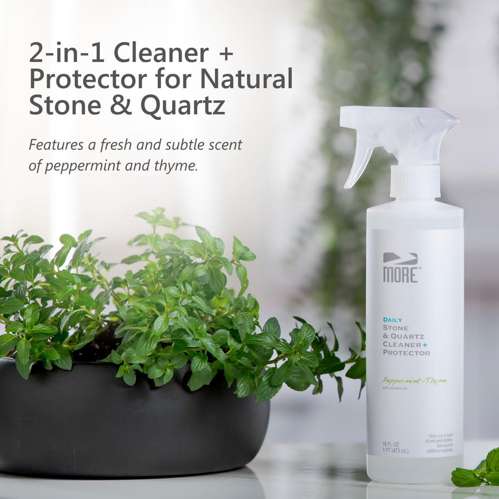 Spray-action of MORE Stone & Quartz cleaner on a surface for streak-free results