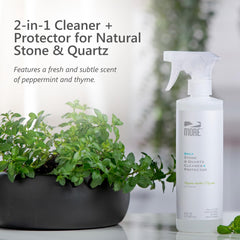 Spray-action of MORE Stone & Quartz cleaner on a surface for streak-free results