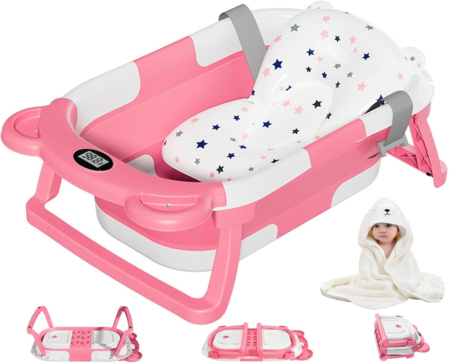 MoreFeel collapsible baby bathtub folded for compact storage and quick setup.