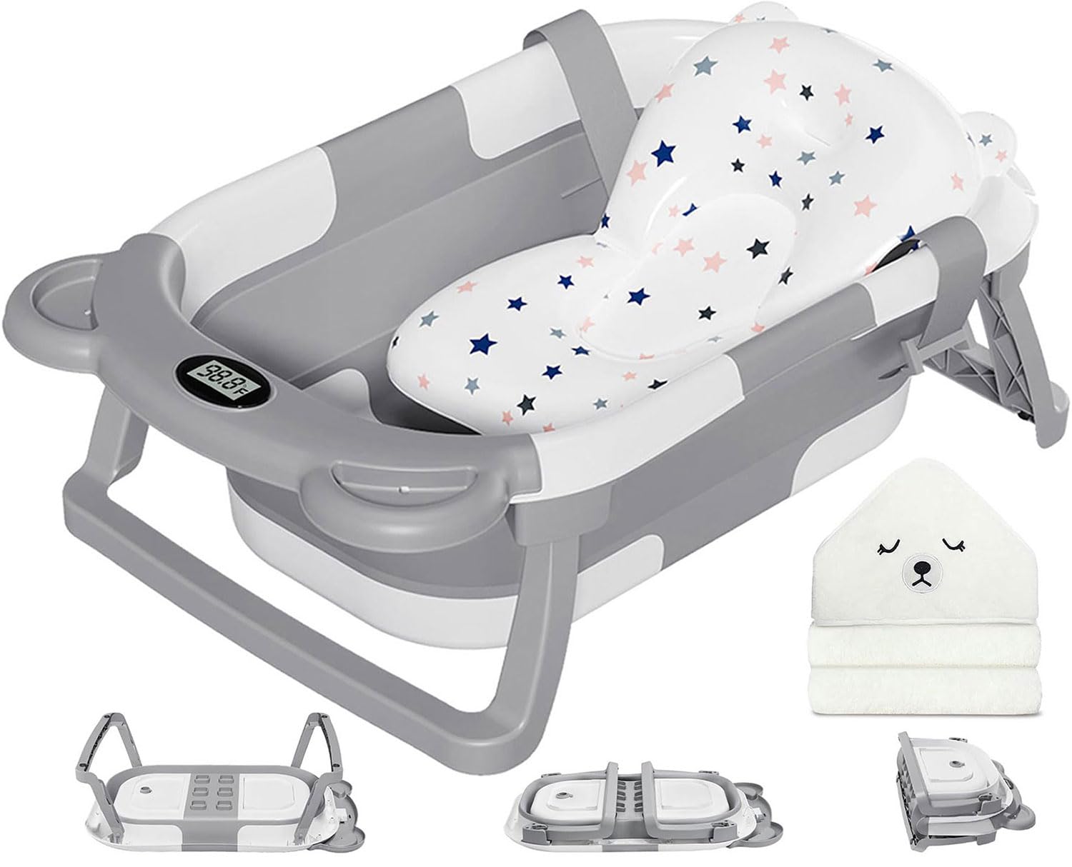 MoreFeel collapsible baby bathtub folded for compact storage and travel convenience.