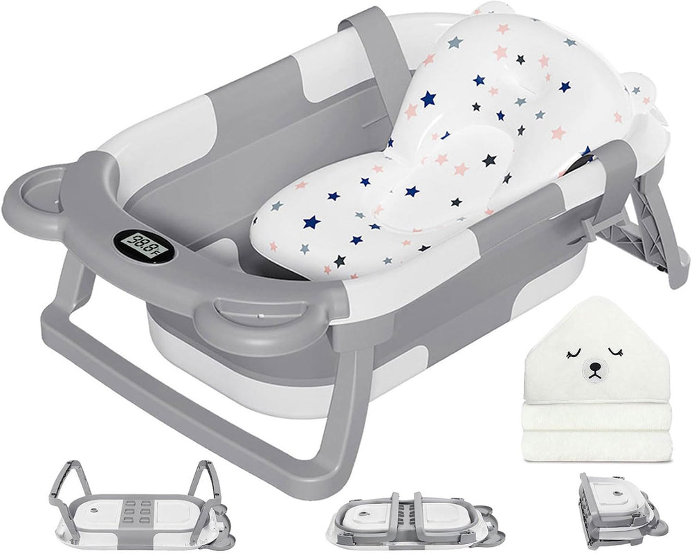 MoreFeel collapsible baby bathtub folded for compact storage and travel convenience.